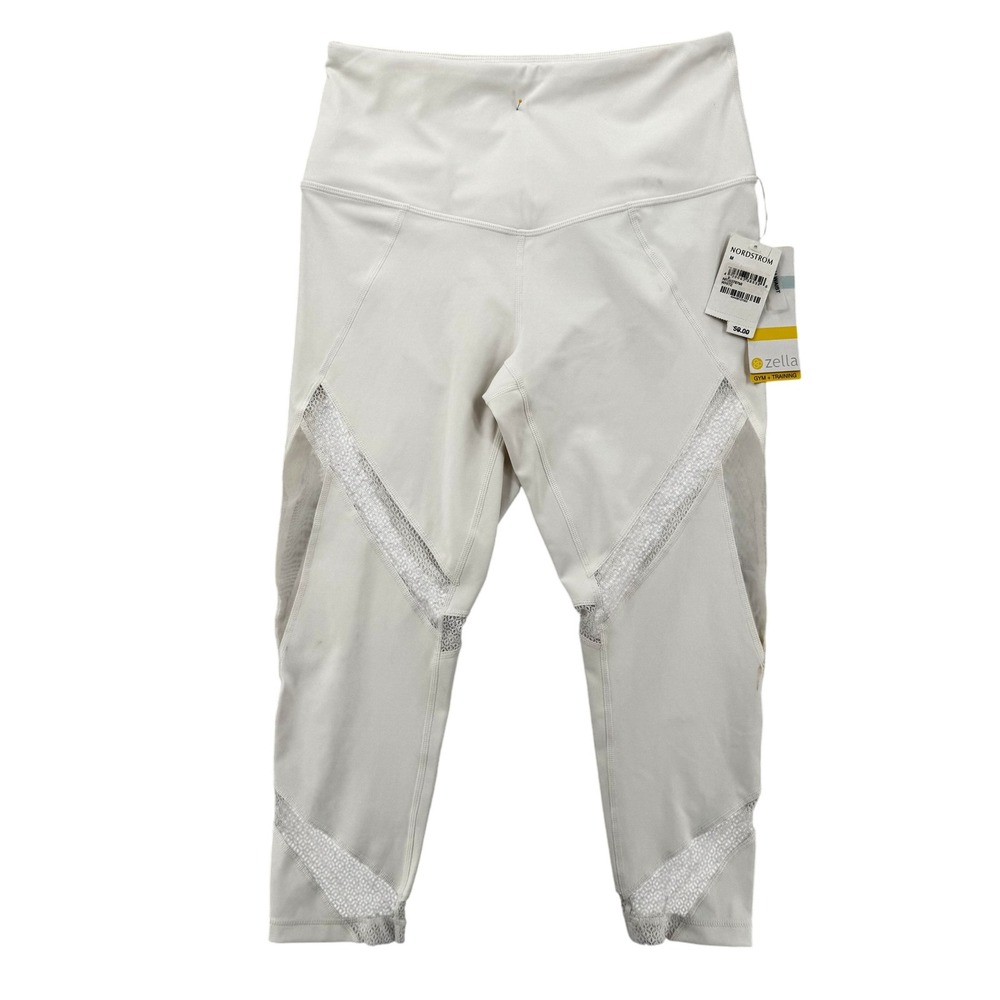 Zella High Waist‎ Crop Leggings Womens Medium White Mesh Panels Active Gym Yoga